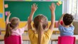 © Iona - Bright classroom scene where enthusiastic children raise their hands eagerly, surrounded by colorful walls, showcasing a lively learning environment.