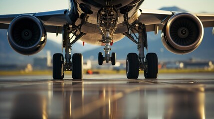 A photo of a commercial airplanes landing gear