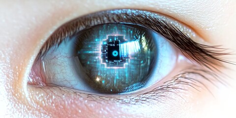 Aufkleber - A close-up of a futuristic eye featuring advanced technology and digital elements. This striking image conveys the fusion of humanity and technology. Perfect for tech-related projects. AI