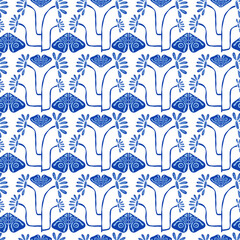 Naklejka na meble blue flower abstract and butterfly seamless pattern. blue indigo pattern. design for background, notebook cover, carpet, cloth, batik, textile, paper print, sarong, card, floor, curtain, fabric print