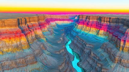 Wall Mural - Vibrant Canyon Landscape with Colorful Strata and River at Sunset