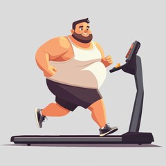 Cute cartoon overweight male running on treadmill