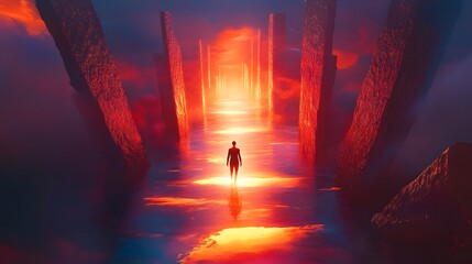 Aufkleber - Ethereal Journey through a Mystical Corridor with a Silhouetted Figure Walking towards a Glowing Light in a Surreal Landscape of Orange and Purple Hues