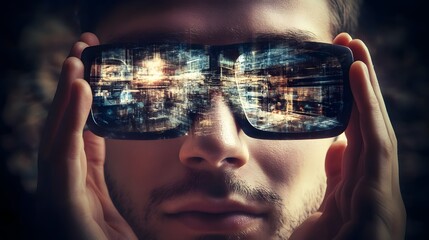 Poster - Close-up of a Young Man Holding Glasses Reflecting a Futuristic City Scene, Showcasing Modern Technology and Urban Aesthetics in Creative Photography