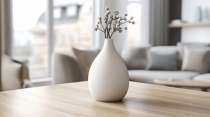 Poster - White vase with dried flowers on wooden table in modern living room.