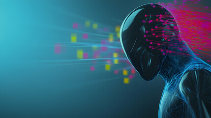 Futuristic android processing data streams, digital transformation concept, dark blue background, technology illustration, ideal for tech websites or presentations