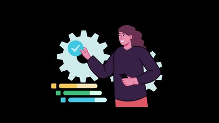Poster - A cheerful woman with curly hair holding a phone, standing in front of gears and charts, representing technology and productivity.