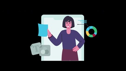 Poster - Woman holding a paper in a flat design, representing data and analysis in an animated style.