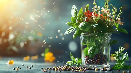 Poster - Basil flowers and mustard seeds in vase on a base on the table