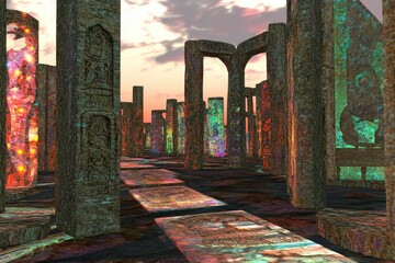 Wall Mural - Colorful Ancient Ruins with Intricate Carvings Illuminated at Sunset