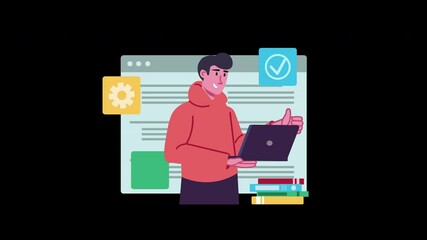 Aufkleber - A young man in a red hoodie using a laptop, surrounded by educational icons and books, representing a tech-savvy student.