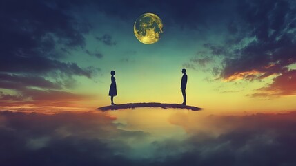 Poster - Romantic Silhouette of Two People Standing on a Floating Island Against a Starry Sky with a Full Moon and Colorful Clouds at Dusk