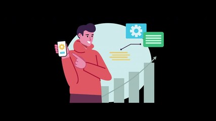 Poster - A European man in a hoodie holds a smartphone displaying a gear icon, with graphs and data visuals in the background.