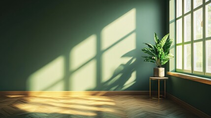 Wall Mural - Sunlit Corner of Minimalist Room with Plant and Green Walls