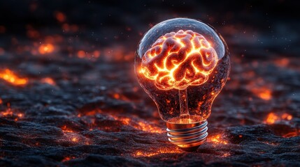 Wall Mural - Creative Light Bulb with Brain Design in Fiery Lava Background