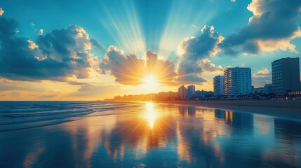 Wall Mural - Stunning Sunset Over Calm Ocean with Reflections and City Skyline