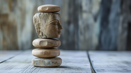 Aufkleber - Elegant Wooden Sculpture of a Face Balanced on Stones Against a Rustic Background, Symbolizing Harmony, Balance, and Artistic Craftsmanship in Nature