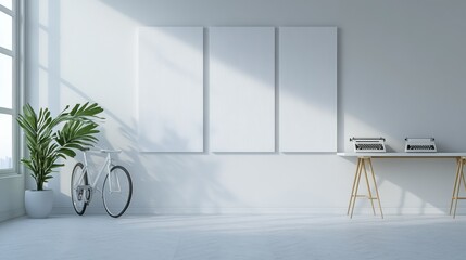 Wall Mural - Minimalist interior with empty frames, bicycle and typewriter setup