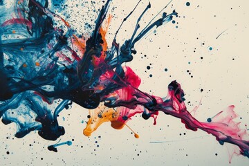 Poster - An abstract masterpiece created with ink splatters, blending vibrant colors of blue, pink, orange, and black in a dynamic flow, showcasing artistic expression and creativity