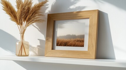 Wall Mural - Warm Minimalist Decor with Framed Nature Photo and Dried Grass