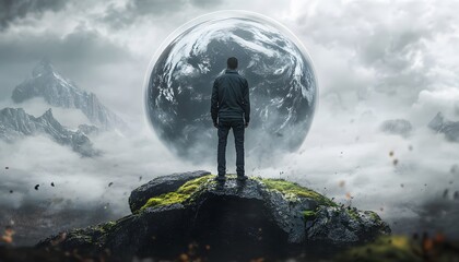 Aufkleber - Solitary Figure Gazes at Enormous Celestial Sphere Above Majestic Landscape with Mountains and Clouds in Surreal Atmospheric Setting