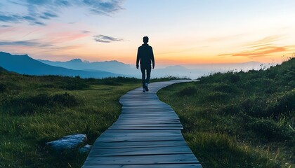 Aufkleber - Serene Evening Stroll on a Wooden Pathway Through Lush Greenery with Majestic Mountains and a Colorful Sunset in the Background