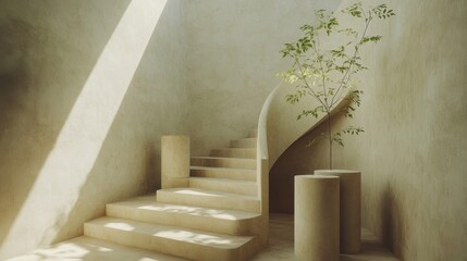 Wall Mural - Modern Minimalist Interior with Curved Staircase and Natural Light