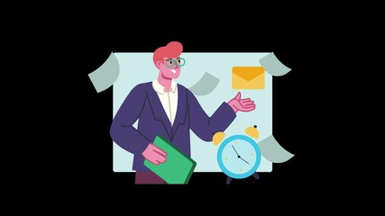 Poster - A European man in a suit presenting ideas with documents and a clock in a casual setting.