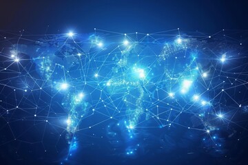 Poster - Global networking with blue glowing connections across continents illustrating international communication in a digital world during the evening hours