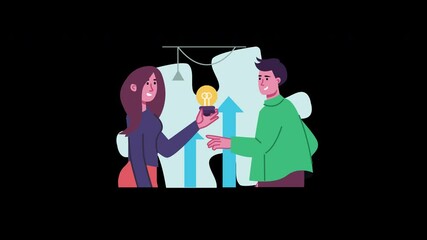 Poster - A young couple discussing ideas, showcasing a light bulb moment in a modern animation style.