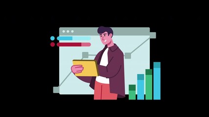 Poster - A young European man holding a folder with graphs in an office setting, illustrating business analytics.