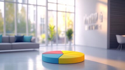 Poster - A D pie chart with a smooth finish, showcasing colorful segments representing customer demographics, displayed against a soft-focus office backdrop for context.