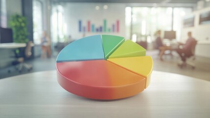 Poster - A D pie chart with a smooth finish, showcasing colorful segments representing customer demographics, displayed against a soft-focus office backdrop for context.