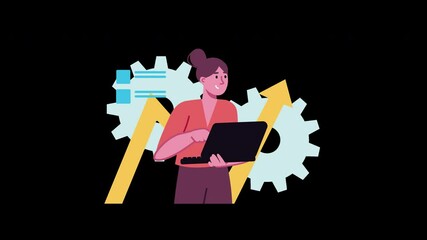 Poster - A woman with Asian features using a laptop against a backdrop of gears and upward arrows, symbolizing technology and progress.