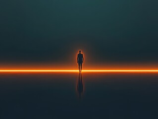 Poster - A Solemn Figure Standing Against a Softly Glowing Horizon in a Dreamlike Environment Creating an Atmosphere of Mystery and Contemplation