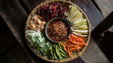 Wall Mural - A beautifully styled plate of colorful fresh vegetables like bell peppers, carrots, and long beans, surrounding a bowl of chili paste with dried shrimp on top.