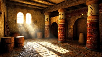 Wall Mural - Sunlit Ancient Cellar with Decorative Columns and Barrels in Historical Setting