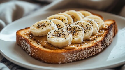 Poster - A beautifully styled shot of toasted bread with a spread of almond butter, topped with sliced bananas and chia seeds, arranged on a white plate with soft natural lighting.