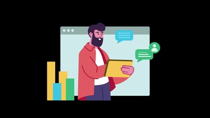 Poster - A man with a beard, dressed in casual clothing, analyzes data on a tablet, showcasing a modern workspace.