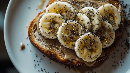 Poster - A beautifully styled shot of toasted bread with a spread of almond butter, topped with sliced bananas and chia seeds, arranged on a white plate with soft natural lighting.