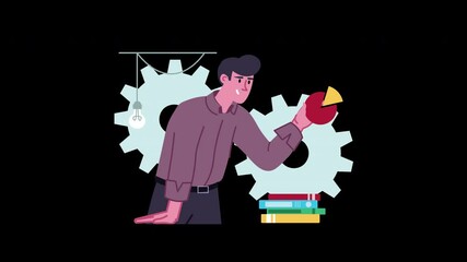 Poster - A focused entrepreneur analyzing data, portrayed in a flat animated style with gears and books in the background.