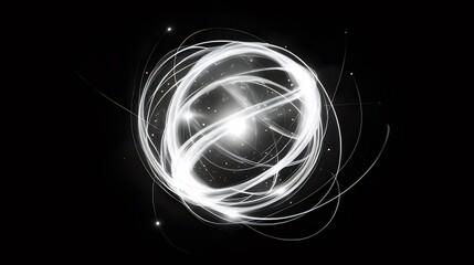 Poster - Glowing white orb with swirling light trails on black background.