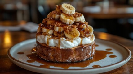 Poster - A close-up of a decadent honey toast dish topped with caramelized bananas, whipped cream, and a generous drizzle of honey, with soft natural lighting highlighting the textures.