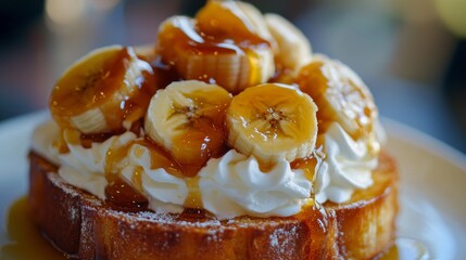 Poster - A close-up of a decadent honey toast dish topped with caramelized bananas, whipped cream, and a generous drizzle of honey, with soft natural lighting highlighting the textures.