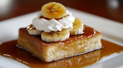 Poster - A close-up of a decadent honey toast dish topped with caramelized bananas, whipped cream, and a generous drizzle of honey, with soft natural lighting highlighting the textures.