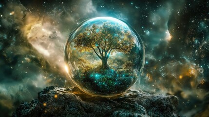 Wall Mural - A surreal scene featuring a glowing tree within a glass orb amidst a cosmic background.