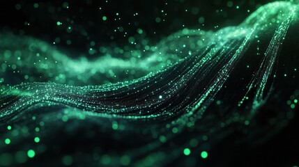 Wall Mural - Abstract Green Particle Wave Digital Art Background  Stunning Teal Glowing  Particles