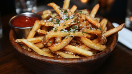 Poster - A close-up of crispy golden French fries served in a rustic wooden bowl, with a sprinkle of sea salt and a side of tangy ketchup, creating a tempting snack scene.
