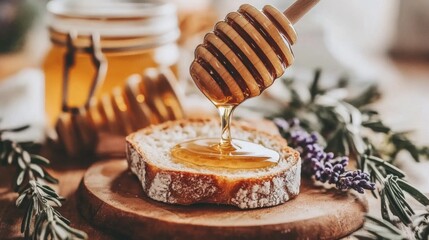Fototapete - A close-up of honey being drizzled over a slice of warm bread, with a jar of honey and honeycomb in the background, evoking a warm and inviting feel.