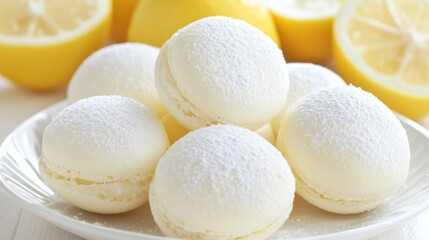 Poster - A close-up of lemon-flavored macarons with a light dusting of powdered sugar, placed on a white plate, with sliced lemons in the background for a fresh look.